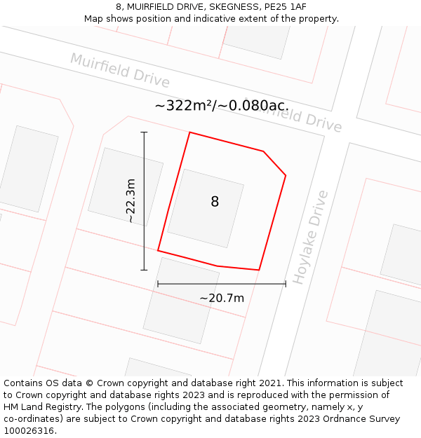 8, MUIRFIELD DRIVE, SKEGNESS, PE25 1AF: Plot and title map