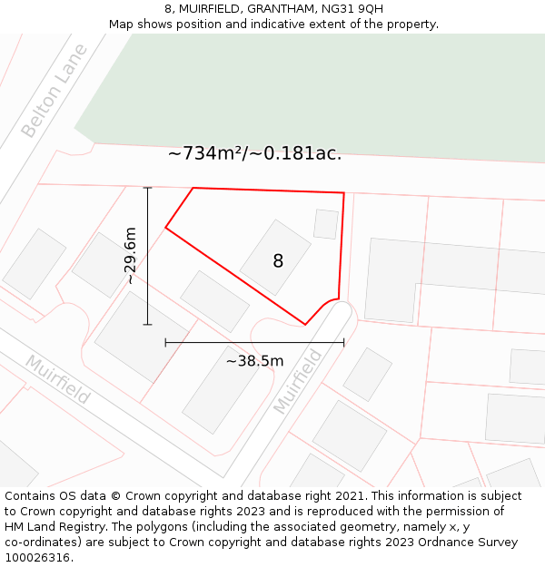 8, MUIRFIELD, GRANTHAM, NG31 9QH: Plot and title map