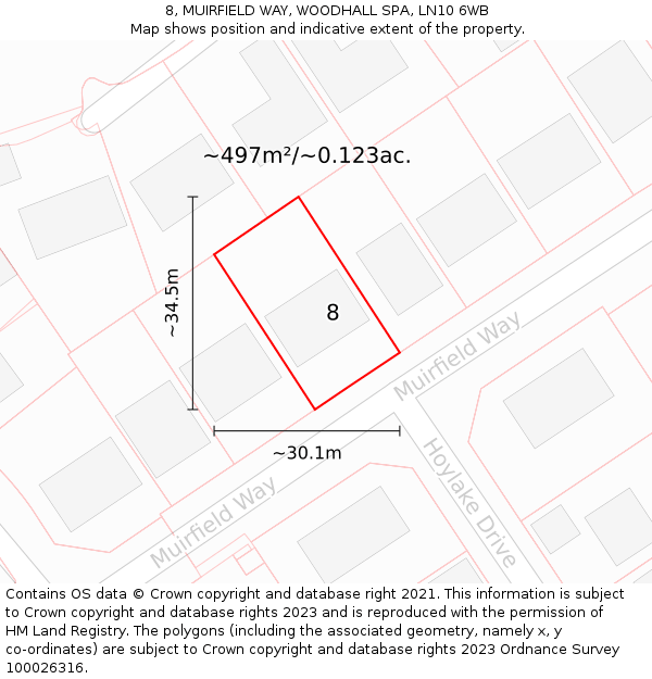 8, MUIRFIELD WAY, WOODHALL SPA, LN10 6WB: Plot and title map