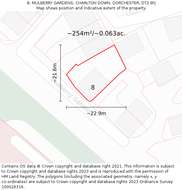 8, MULBERRY GARDENS, CHARLTON DOWN, DORCHESTER, DT2 9FJ: Plot and title map