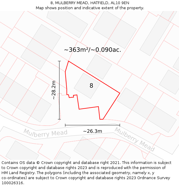 8, MULBERRY MEAD, HATFIELD, AL10 9EN: Plot and title map