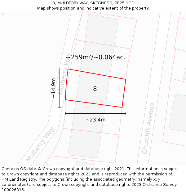 8, MULBERRY WAY, SKEGNESS, PE25 1GD: Plot and title map