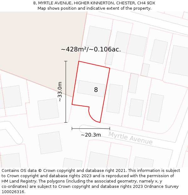 8, MYRTLE AVENUE, HIGHER KINNERTON, CHESTER, CH4 9DX: Plot and title map