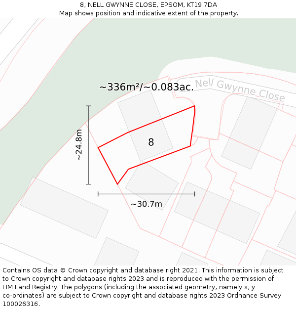 8, NELL GWYNNE CLOSE, EPSOM, KT19 7DA: Plot and title map