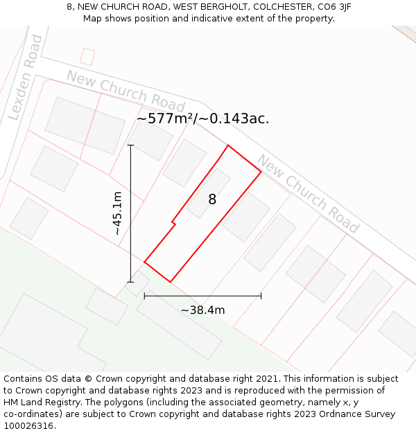 8, NEW CHURCH ROAD, WEST BERGHOLT, COLCHESTER, CO6 3JF: Plot and title map