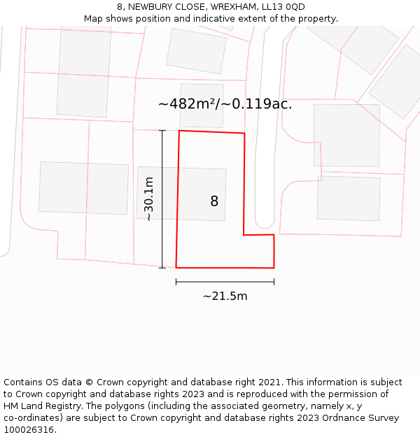 8, NEWBURY CLOSE, WREXHAM, LL13 0QD: Plot and title map