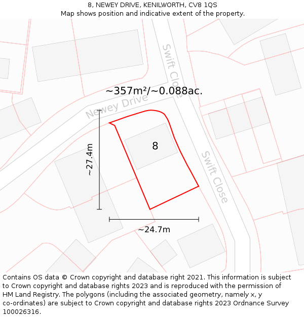 8, NEWEY DRIVE, KENILWORTH, CV8 1QS: Plot and title map