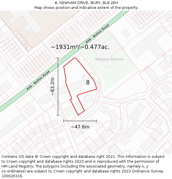 8, NEWHAM DRIVE, BURY, BL8 2EH: Plot and title map