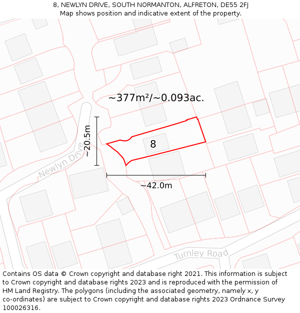 8, NEWLYN DRIVE, SOUTH NORMANTON, ALFRETON, DE55 2FJ: Plot and title map