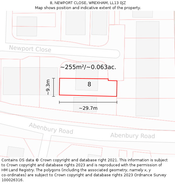 8, NEWPORT CLOSE, WREXHAM, LL13 0JZ: Plot and title map