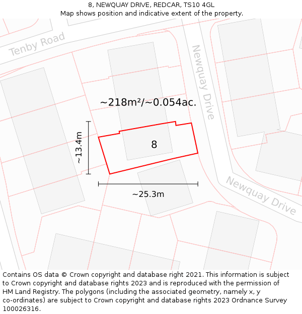 8, NEWQUAY DRIVE, REDCAR, TS10 4GL: Plot and title map