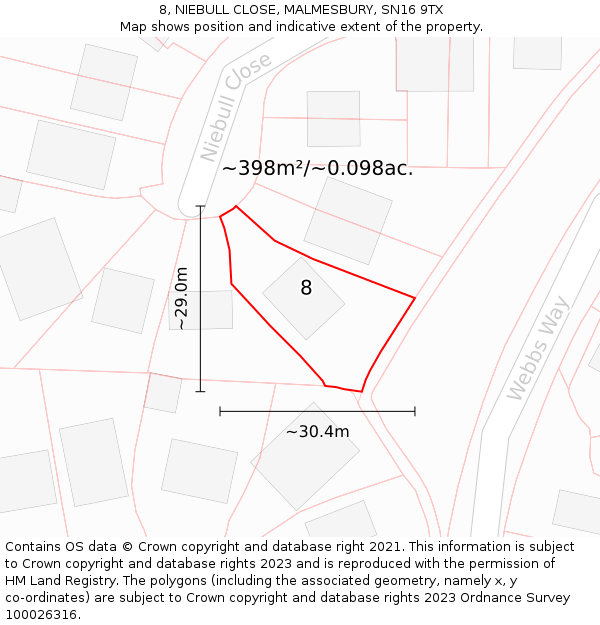 8, NIEBULL CLOSE, MALMESBURY, SN16 9TX: Plot and title map