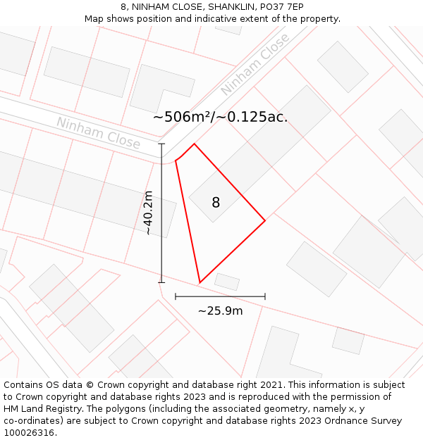 8, NINHAM CLOSE, SHANKLIN, PO37 7EP: Plot and title map