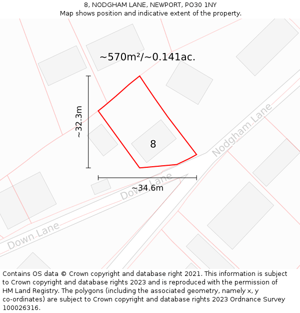 8, NODGHAM LANE, NEWPORT, PO30 1NY: Plot and title map