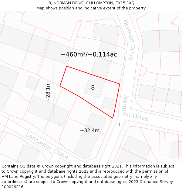 8, NORMAN DRIVE, CULLOMPTON, EX15 1XQ: Plot and title map