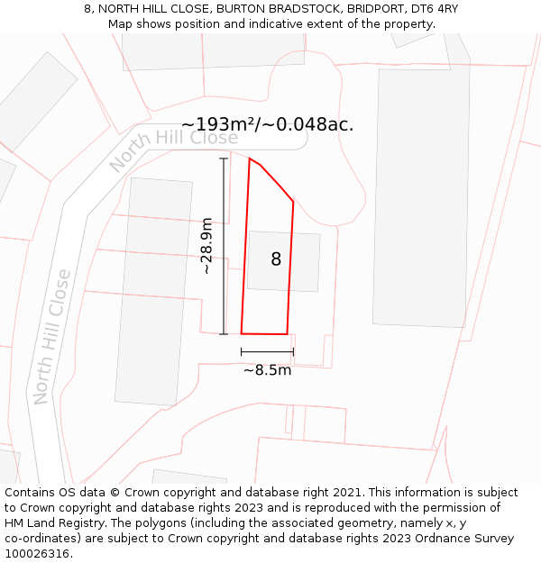 8, NORTH HILL CLOSE, BURTON BRADSTOCK, BRIDPORT, DT6 4RY: Plot and title map