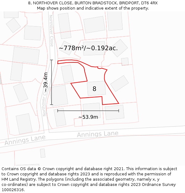 8, NORTHOVER CLOSE, BURTON BRADSTOCK, BRIDPORT, DT6 4RX: Plot and title map