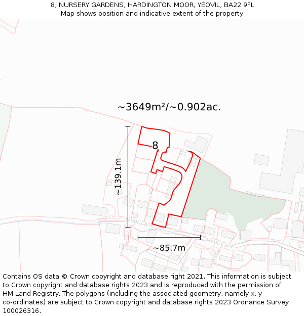 8, NURSERY GARDENS, HARDINGTON MOOR, YEOVIL, BA22 9FL: Plot and title map