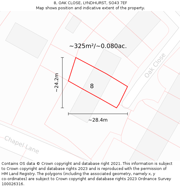 8, OAK CLOSE, LYNDHURST, SO43 7EF: Plot and title map