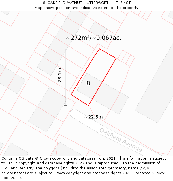 8, OAKFIELD AVENUE, LUTTERWORTH, LE17 4ST: Plot and title map