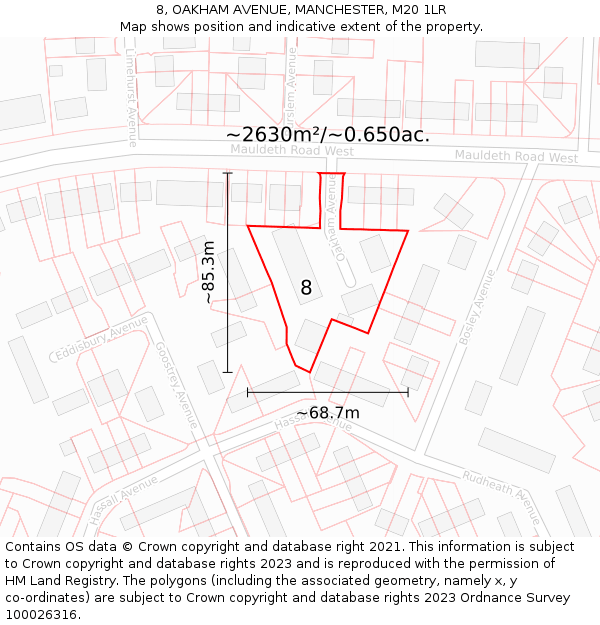 8, OAKHAM AVENUE, MANCHESTER, M20 1LR: Plot and title map