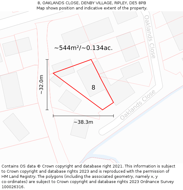 8, OAKLANDS CLOSE, DENBY VILLAGE, RIPLEY, DE5 8PB: Plot and title map