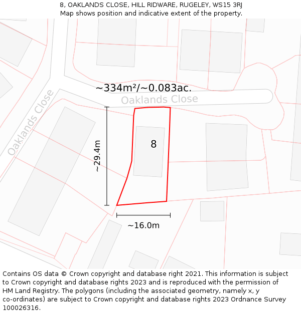 8, OAKLANDS CLOSE, HILL RIDWARE, RUGELEY, WS15 3RJ: Plot and title map