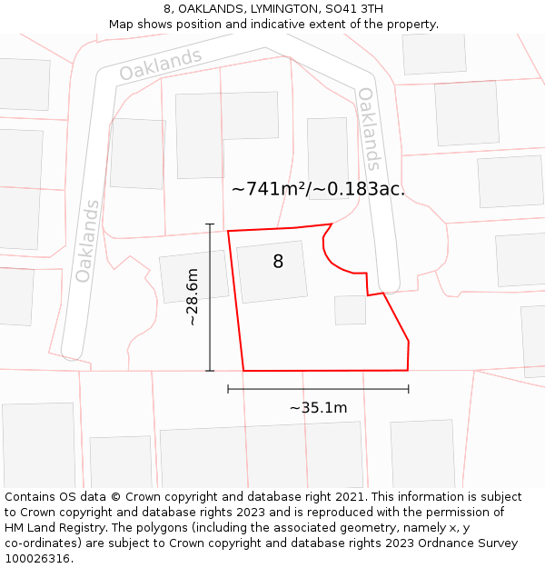 8, OAKLANDS, LYMINGTON, SO41 3TH: Plot and title map