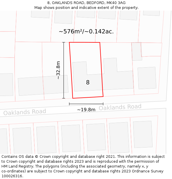 8, OAKLANDS ROAD, BEDFORD, MK40 3AG: Plot and title map