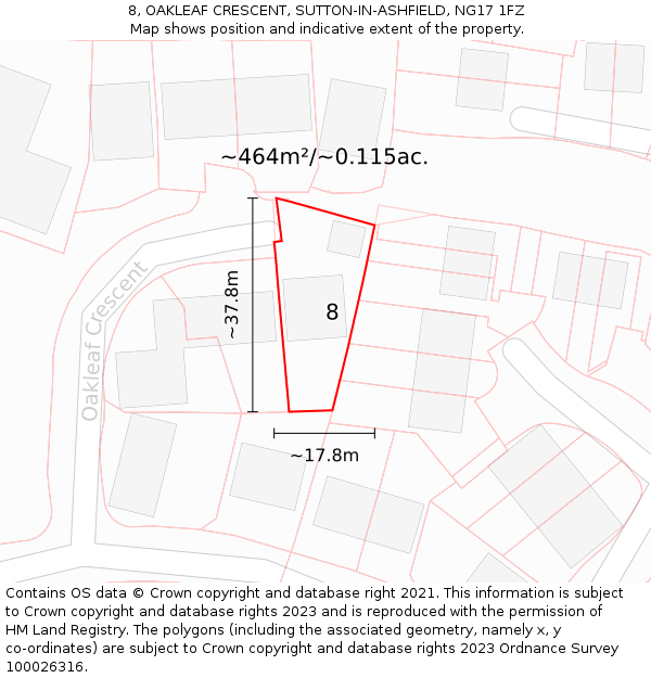 8, OAKLEAF CRESCENT, SUTTON-IN-ASHFIELD, NG17 1FZ: Plot and title map