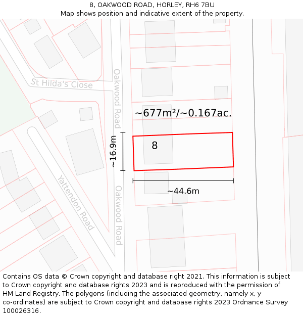 8, OAKWOOD ROAD, HORLEY, RH6 7BU: Plot and title map