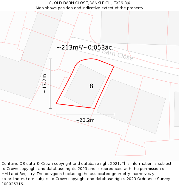 8, OLD BARN CLOSE, WINKLEIGH, EX19 8JX: Plot and title map