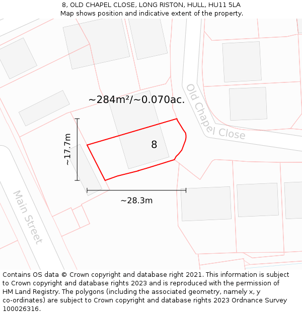 8, OLD CHAPEL CLOSE, LONG RISTON, HULL, HU11 5LA: Plot and title map