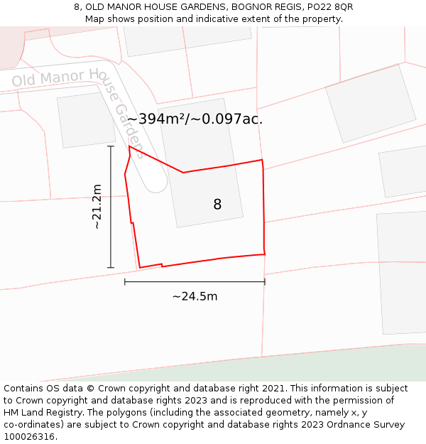 8, OLD MANOR HOUSE GARDENS, BOGNOR REGIS, PO22 8QR: Plot and title map