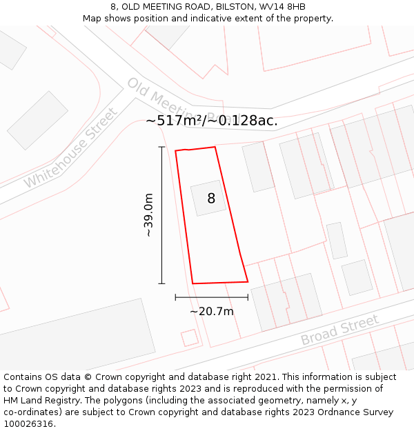 8, OLD MEETING ROAD, BILSTON, WV14 8HB: Plot and title map