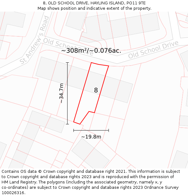 8, OLD SCHOOL DRIVE, HAYLING ISLAND, PO11 9TE: Plot and title map