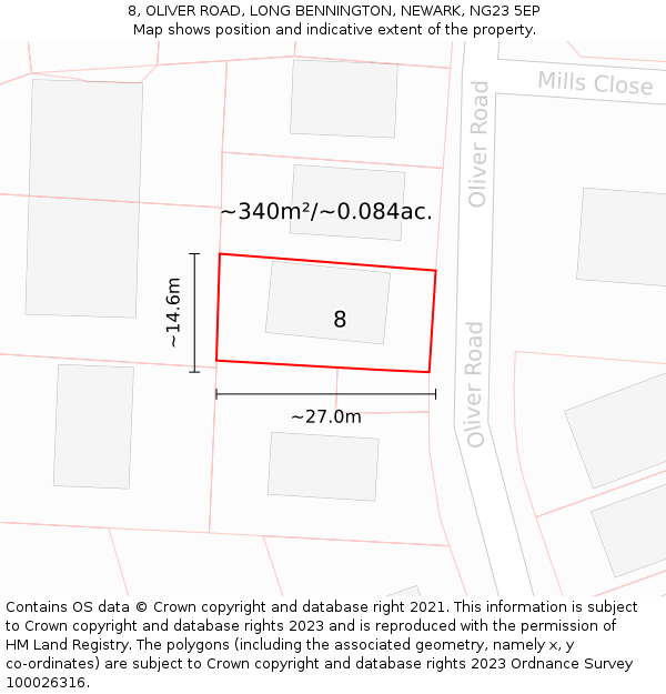 8, OLIVER ROAD, LONG BENNINGTON, NEWARK, NG23 5EP: Plot and title map