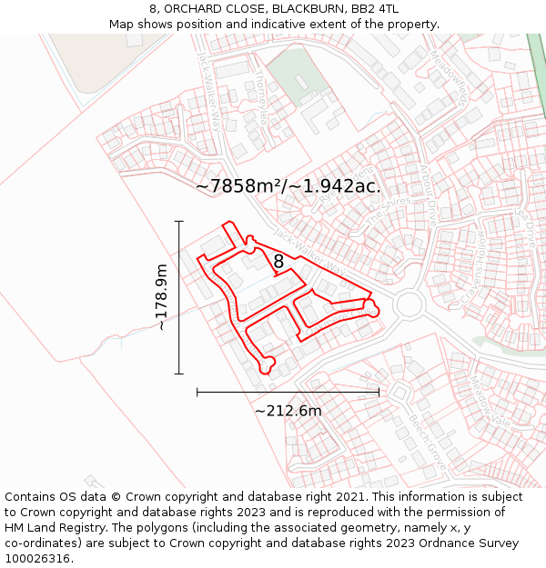 8, ORCHARD CLOSE, BLACKBURN, BB2 4TL: Plot and title map