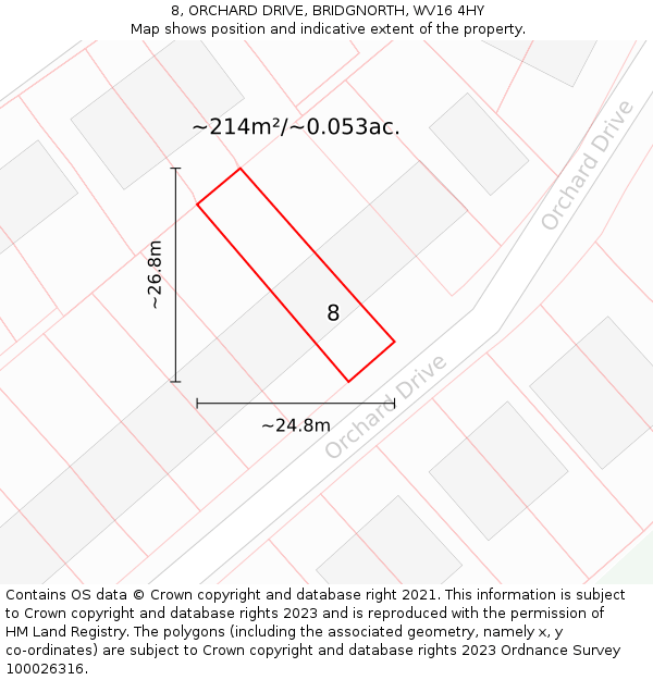 8, ORCHARD DRIVE, BRIDGNORTH, WV16 4HY: Plot and title map