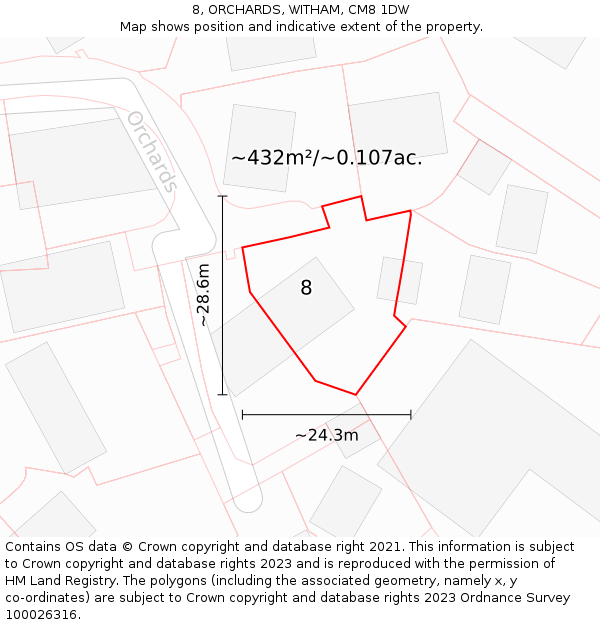 8, ORCHARDS, WITHAM, CM8 1DW: Plot and title map