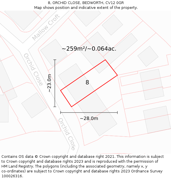 8, ORCHID CLOSE, BEDWORTH, CV12 0GR: Plot and title map