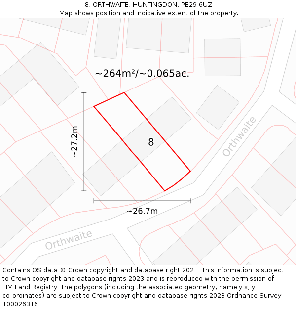 8, ORTHWAITE, HUNTINGDON, PE29 6UZ: Plot and title map