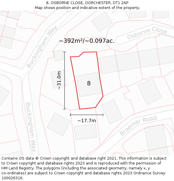 8, OSBORNE CLOSE, DORCHESTER, DT1 2AP: Plot and title map