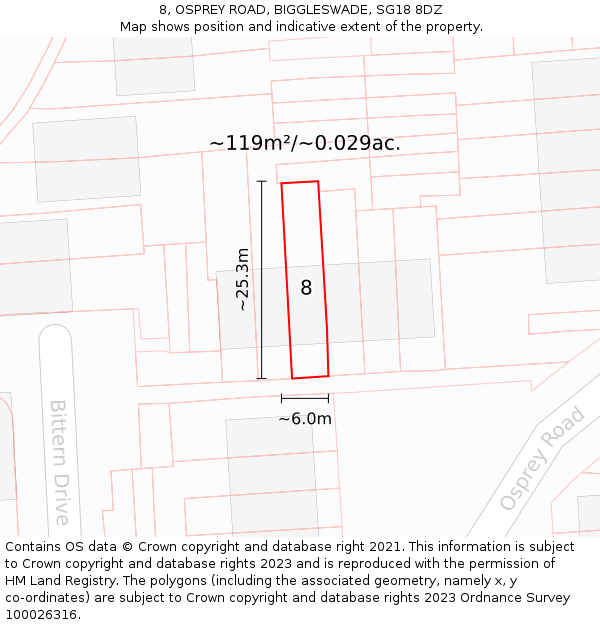 8, OSPREY ROAD, BIGGLESWADE, SG18 8DZ: Plot and title map