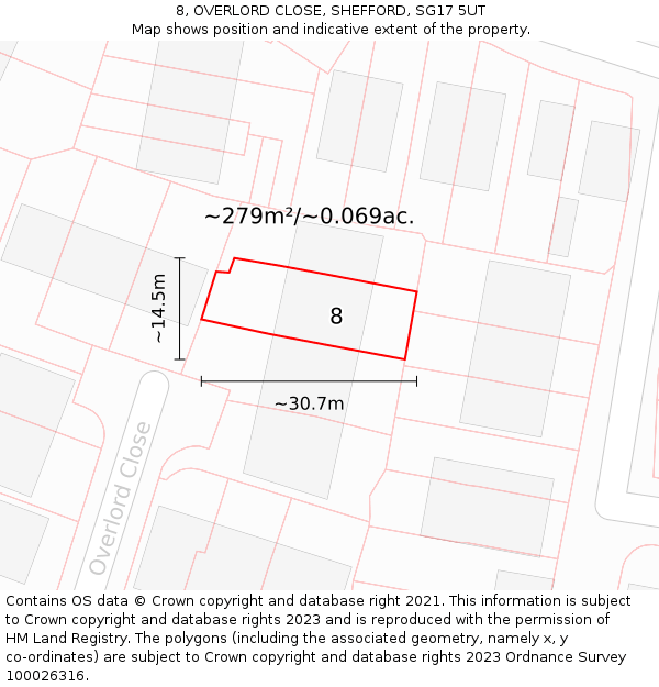 8, OVERLORD CLOSE, SHEFFORD, SG17 5UT: Plot and title map