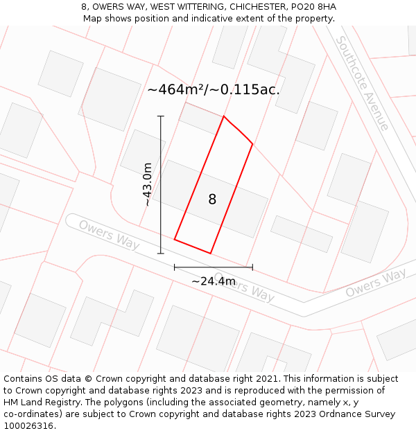 8, OWERS WAY, WEST WITTERING, CHICHESTER, PO20 8HA: Plot and title map