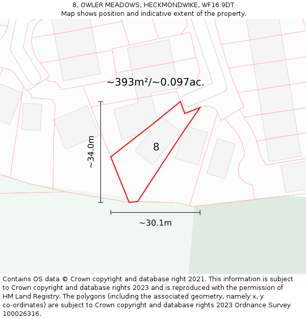 8, OWLER MEADOWS, HECKMONDWIKE, WF16 9DT: Plot and title map