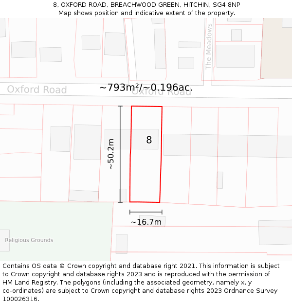 8, OXFORD ROAD, BREACHWOOD GREEN, HITCHIN, SG4 8NP: Plot and title map