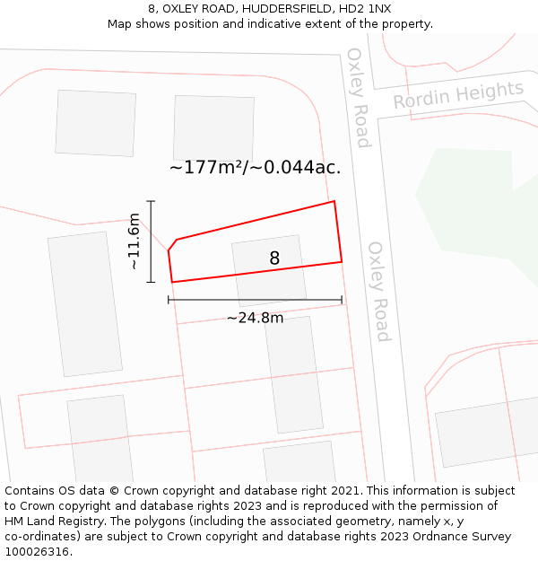 8, OXLEY ROAD, HUDDERSFIELD, HD2 1NX: Plot and title map