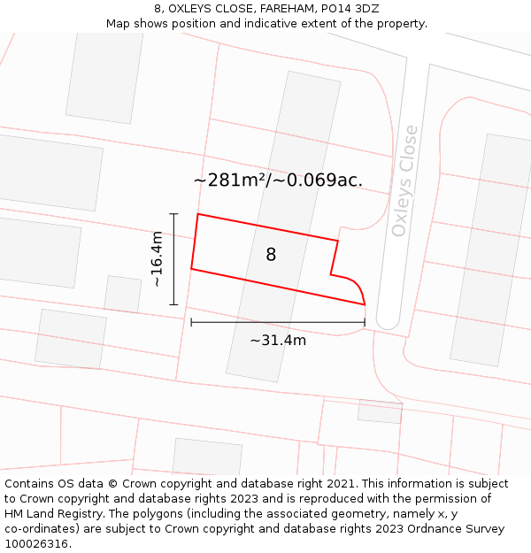 8, OXLEYS CLOSE, FAREHAM, PO14 3DZ: Plot and title map